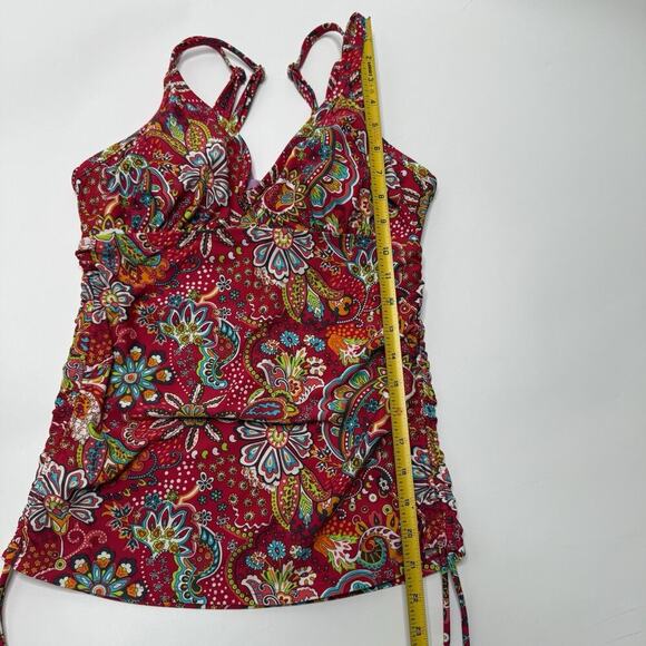 Athleta Tankini Swimsuit Red Paisley Size 34 D/DD Pads Included Cinched Sides M - Picture 3 of 9